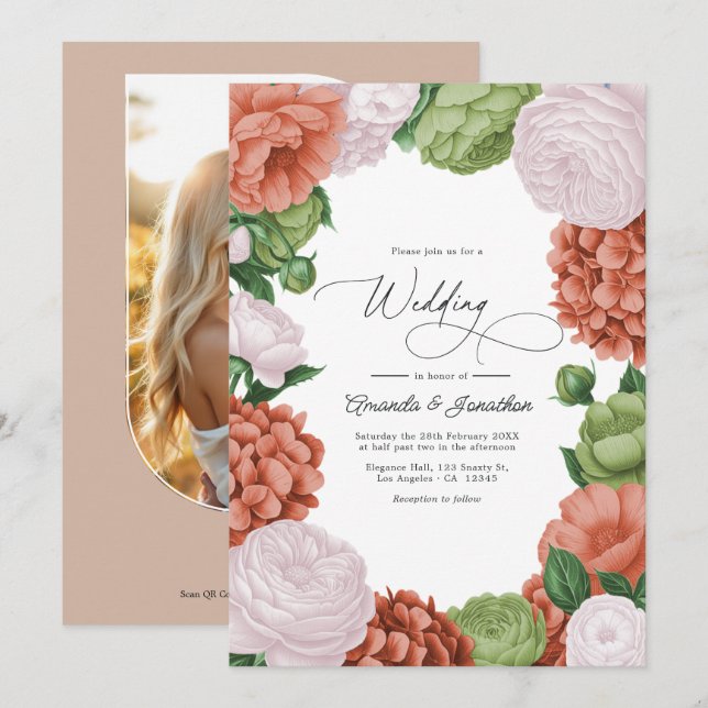Terracotta Light Peach Olive Green Floral Wedding Invitation (Front/Back)