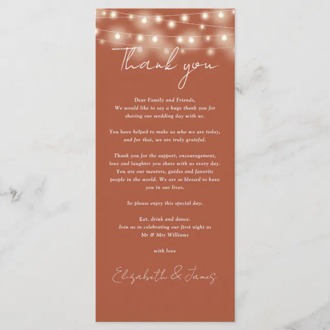 Terracotta Lights Wedding Thank You Place Card | Zazzle