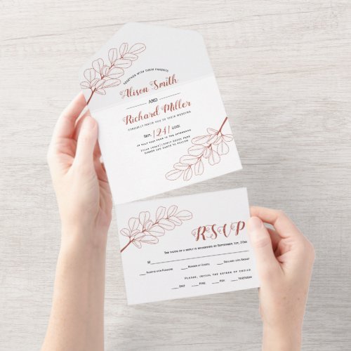 Terracotta line art branch and leaves fall wedding all in one invitation