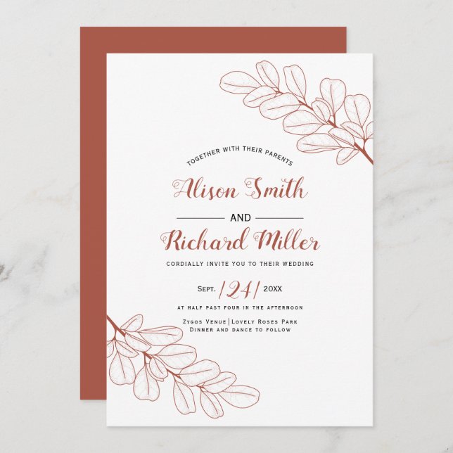 Terracotta line art branch and leaves fall wedding invitation (Front/Back)