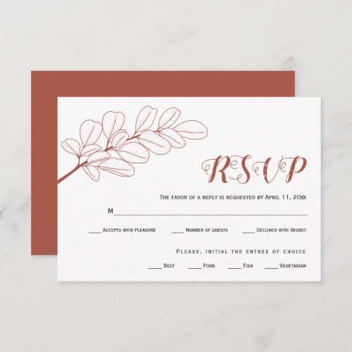 Terracotta line art branch and leaves fall wedding RSVP card