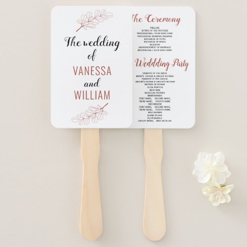 Terracotta line art branch fall wedding program hand fan