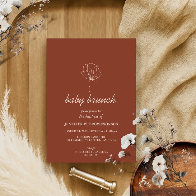 Terracotta Line Flower Simple Boho Baby Baptism Invitation