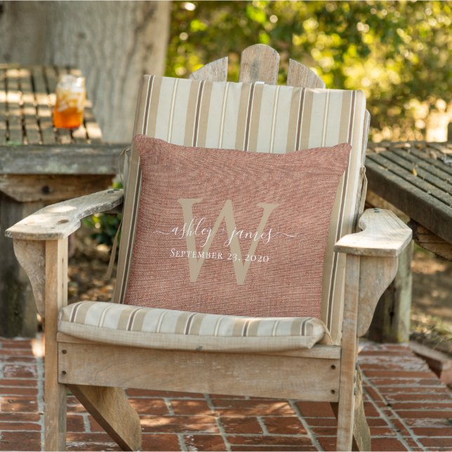 TerraCotta Linen Monogram Wedding Keepsake Outdoor Pillow (Chair)