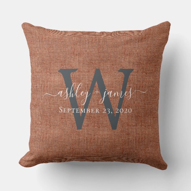 TerraCotta Linen Monogram Wedding Keepsake Throw Pillow (Front)