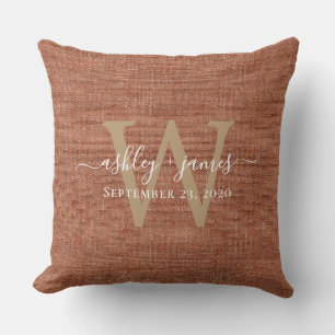 TerraCotta Linen Monogram Wedding Keepsake Throw Pillow