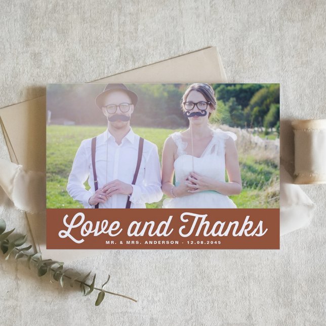 Terracotta Love and Thanks Retro Photo Wedding Thank You Card (Love and Thanks Retro Script Photo Wedding Thank You Card | Customizable Red Thank You Card)