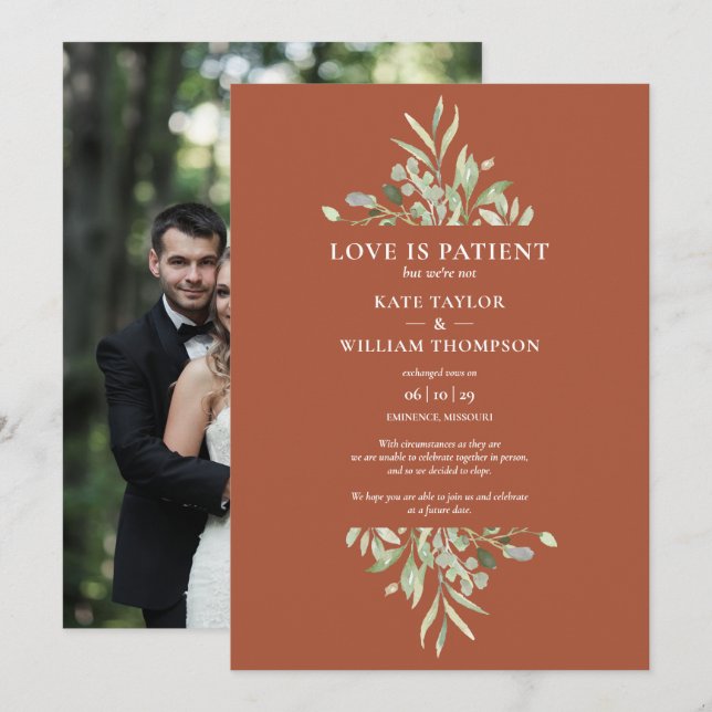 Terracotta Love Is Patient Elopement Announcement (Front/Back)