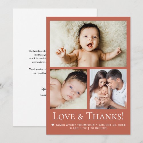Terracotta Love & Thanks Baby Photo Birth Thank You Card