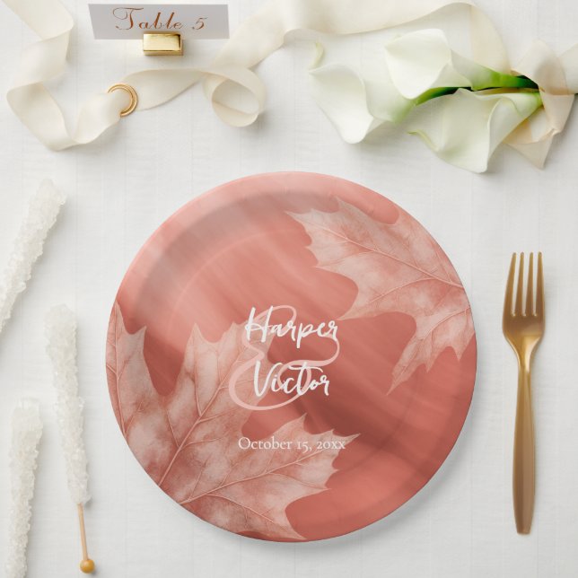 terracotta maple leaves fall wedding paper plates (Wedding)