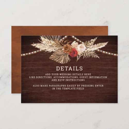 Terracotta Maroon Floral Pampas Wedding Details Enclosure Card