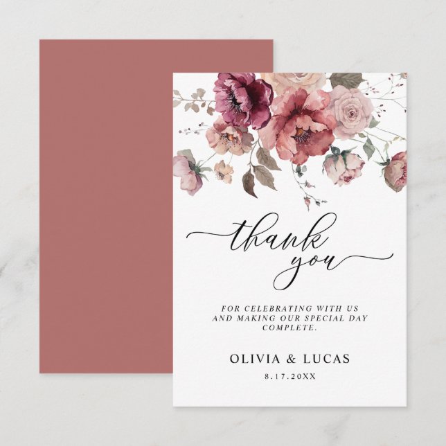 Terracotta Marsala Burgundy Floral Fall Wedding Thank You Card (Front/Back)