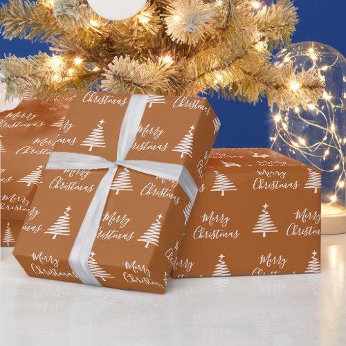 Terracotta Merry Christmas White Christmas Tree  Wrapping Paper