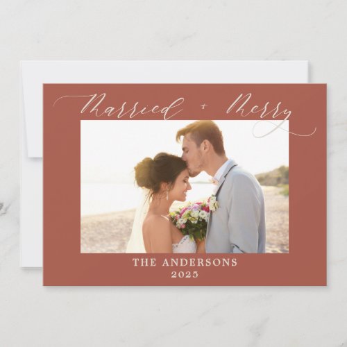 Terracotta Merry Married Script Photo Christmas  Thank You Card