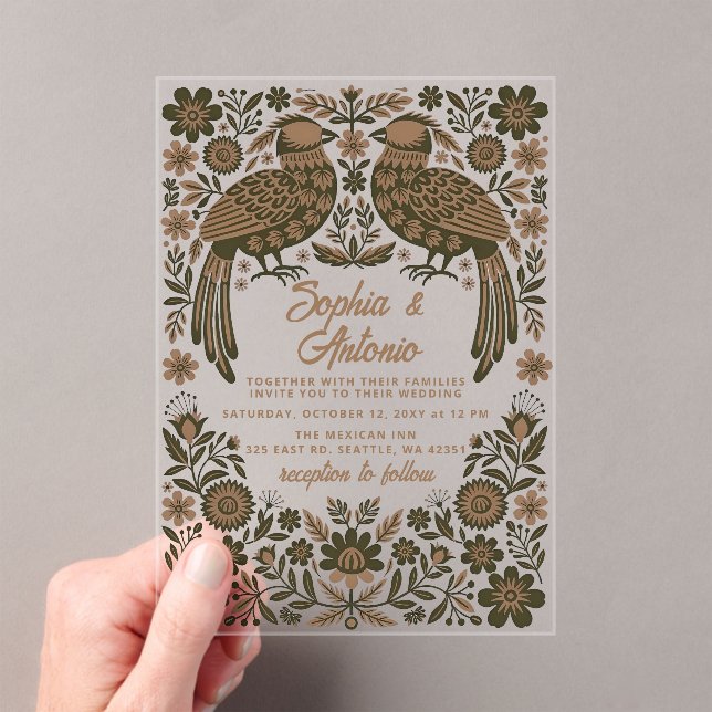 Terracotta Mexican Birds Otomi Floral Wedding Acrylic Invitations (Insitu (Handheld))