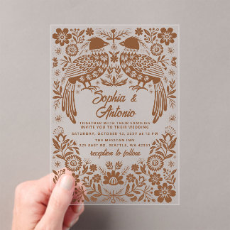 Terracotta Mexican Birds Otomi Floral Wedding Acrylic Invitations
