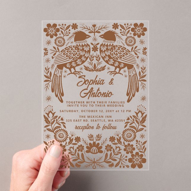 Terracotta Mexican Birds Otomi Floral Wedding Acrylic Invitations (Insitu (Handheld))