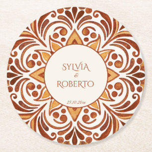 Terracotta Mexican Talavera wedding favors custom  Round Paper Coaster