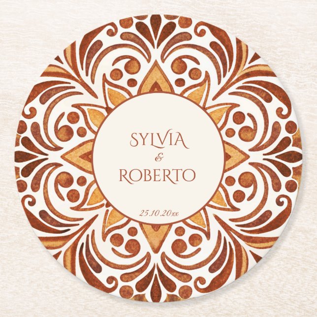 Terracotta Mexican Talavera wedding favors custom  Round Paper Coaster (Front)