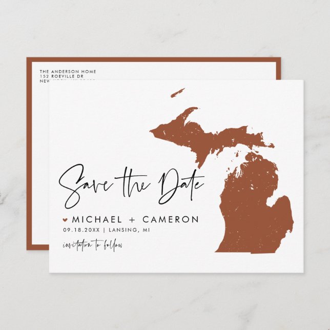 Terracotta Michigan Map QR Code Save the Date Announcement Postcard (Front/Back)