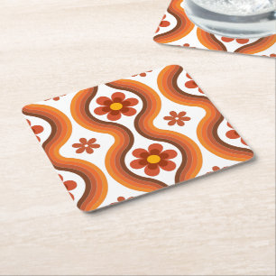 Terracotta Mid Century Modern Floral Rainbow Retro Square Paper Coaster