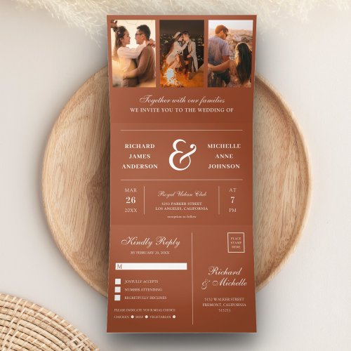 Terracotta Minimal 3 in 1 Photo Collage Wedding Tri_Fold Invitation