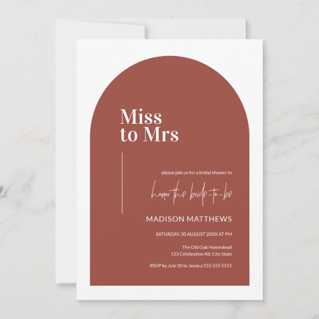 Terracotta Minimal Arch Miss Mrs Bridal Shower  Invitation (Front)