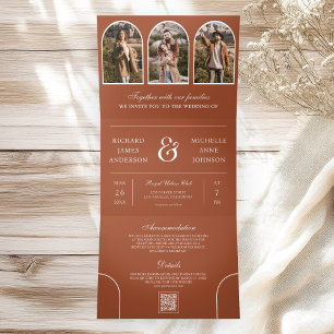 Terracotta Minimal Arch Photo QR code Wedding Tri-Fold Invitation