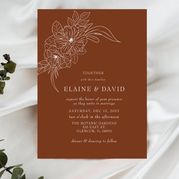 Terracotta Minimal Elegant Floral Sketch Wedding Invitation