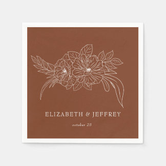 Terracotta Minimal Elegant Floral Sketch Wedding Napkins
