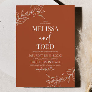 Terracotta Minimal Minimalist Branch Leaf Wedding Invitation