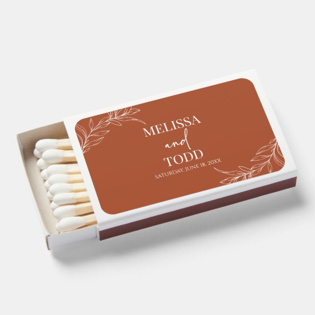 Terracotta Minimal Minimalist Branch Leaf Wedding Matchboxes (Front Open)