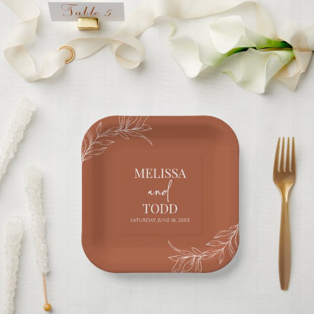 Terracotta Minimal Minimalist Branch Leaf Wedding Paper Plates (Wedding)