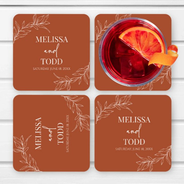 Terracotta Minimal Minimalist Branch Leaf Wedding Square Paper Coaster (Creator Uploaded)
