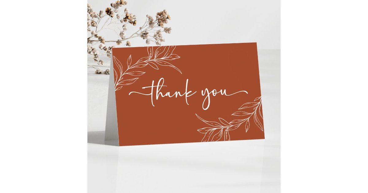 Terracotta Minimal Minimalist Branch Leaf Wedding Thank You Card | Zazzle