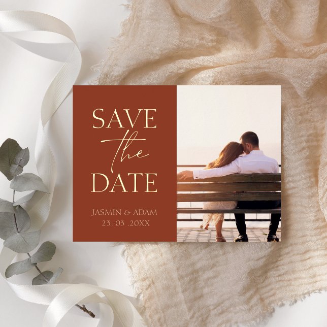 Terracotta Minimal Photo Save the Date Foil Holiday Postcard (Creator Uploaded)