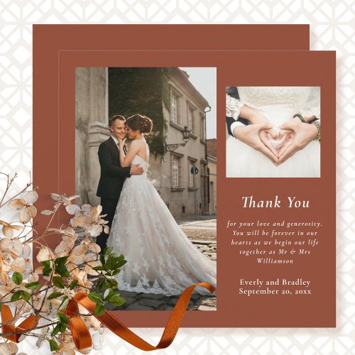Terracotta Minimal Photo Wedding Thank You Card 