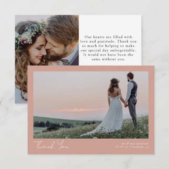 Terracotta Minimalist 2 Photo Calligraphy Wedding Thank You Card | Zazzle