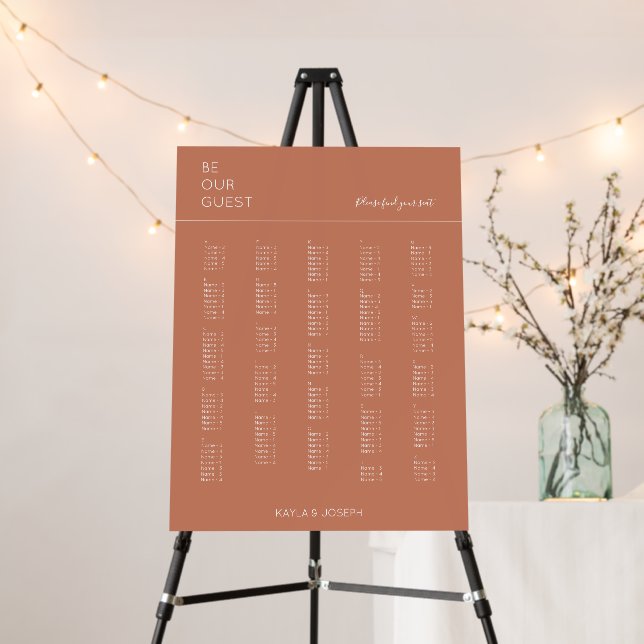 Terracotta Minimalist Alphabetical Seating Chart Foam Board (In Situ (Stand))