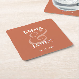 Terracotta Minimalist Ampersand Wedding Reverse Square Paper Coaster