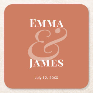 Terracotta Minimalist Ampersand Wedding   Reverse  Square Paper Coaster