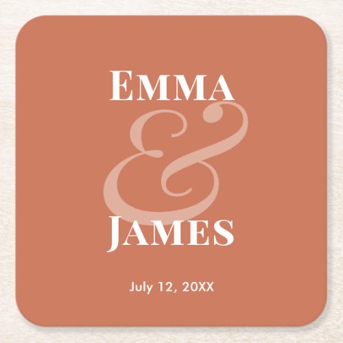 Terracotta Minimalist Ampersand Wedding | Reverse  Square Paper Coaster