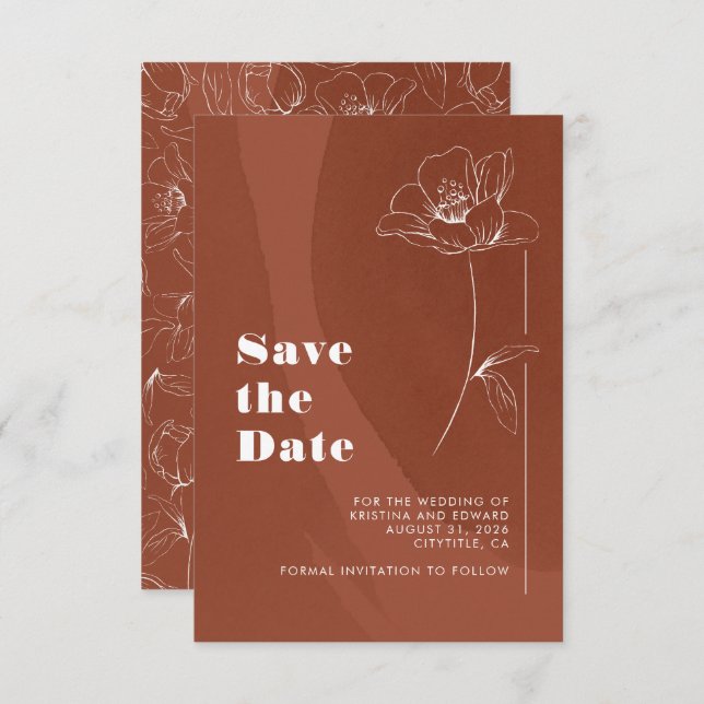 Terracotta Minimalist Boho Floral Save The Date (Front/Back)