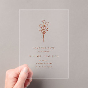 Terracotta Minimalist Botanical Save the Date Acrylic Invitations