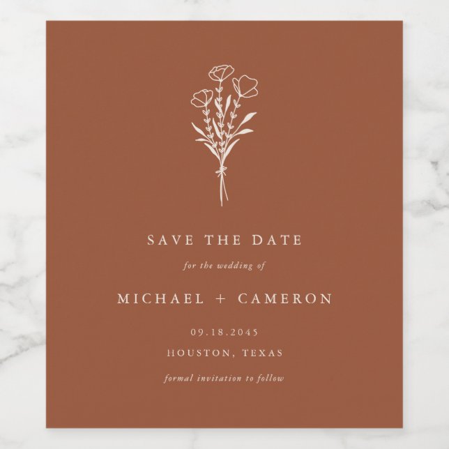 Terracotta Minimalist Botanical Save the Date Wine Label (Single Label)