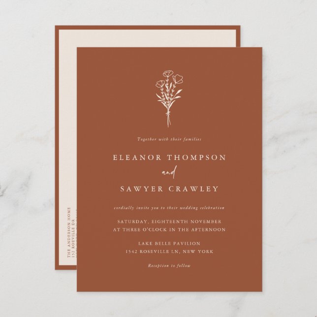 Terracotta Minimalist Bouquet QR Code Wedding Invitation Postcard (Front/Back)