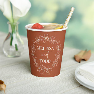 Terracotta Minimalist Branch Leaf Wreath Wedding Paper Cups