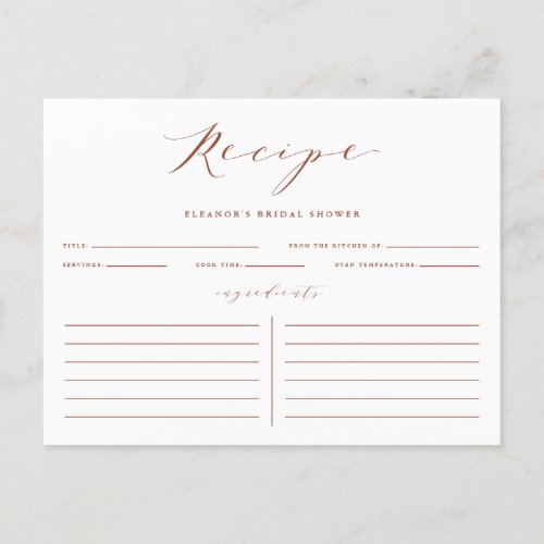 Terracotta Minimalist Bridal Shower Recipe Card