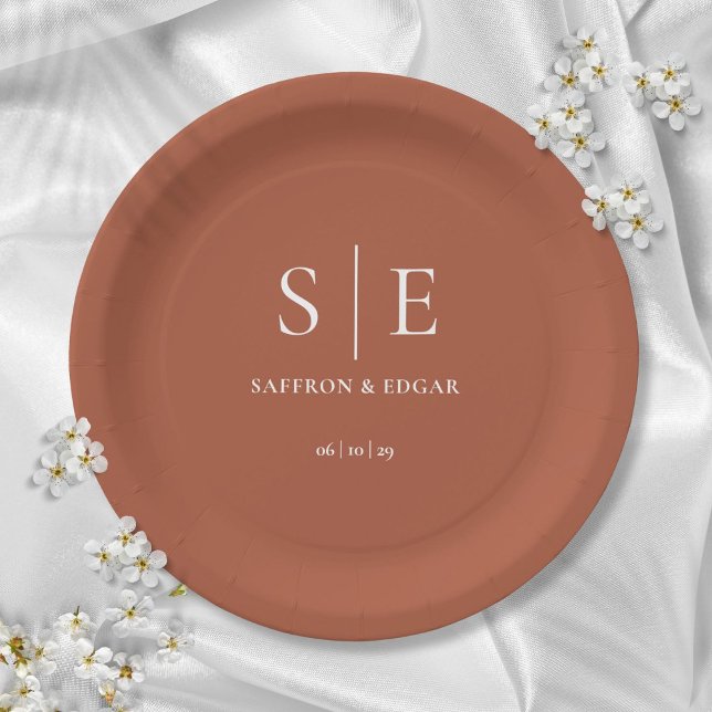 Terracotta Minimalist Chic Monogram Wedding Paper Plates (Terracotta Minimalist Chic Monogram Wedding Paper Plates)