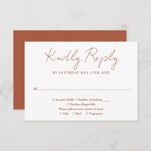 Terracotta Minimalist Elegant Script Wedding RSVP Card (Front/Back)